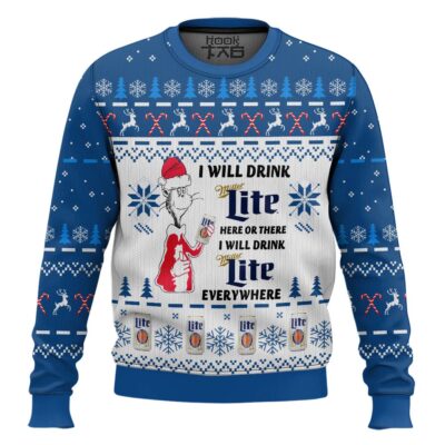Hooktab I Will Drink Miller Lite Here Or There Ugly Christmas Sweater