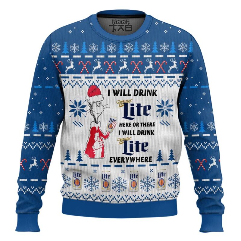 Hooktab I Will Drink Miller Lite Here Or There Ugly Christmas Sweater