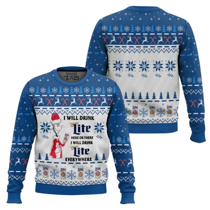 Hooktab I Will Drink Miller Lite Here Or There Ugly Christmas Sweater Hooktab I Will Drink Miller Lite Here Or There Ugly Christmas Sweater