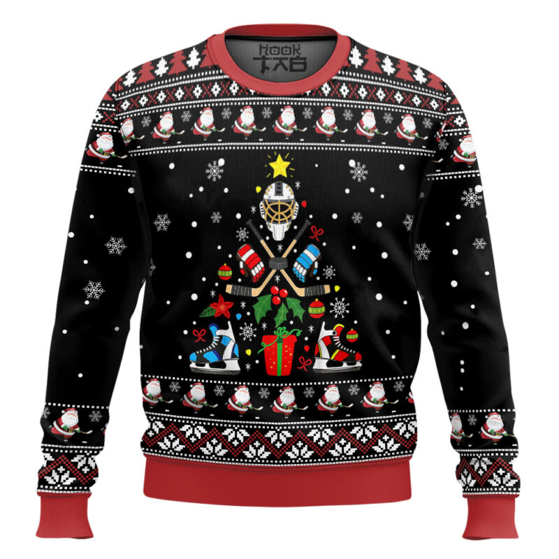 Hooktab Ice Hockey Christmas Tree Ugly Christmas Sweater