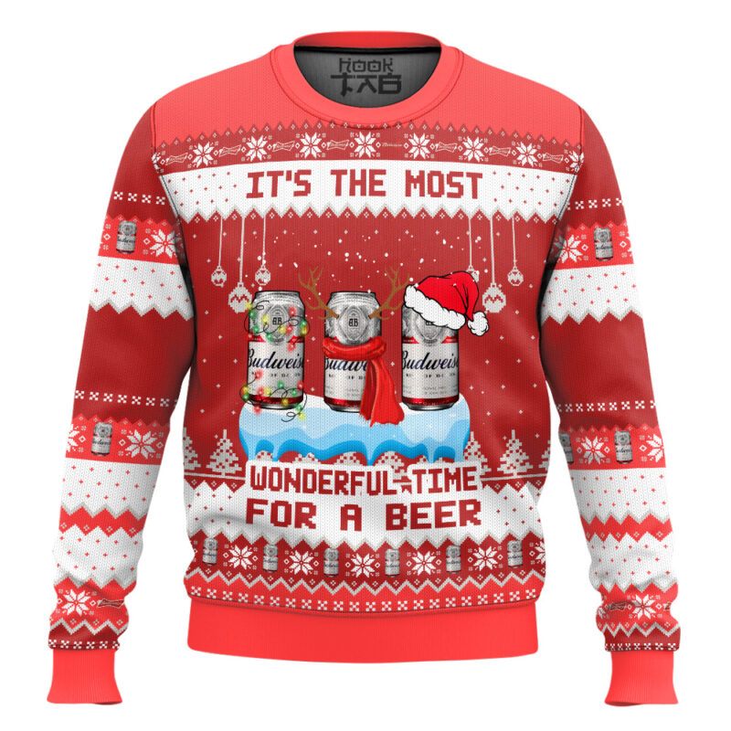 Hooktab It's The Most Wonderful Time For A Budweiser Ugly Christmas Sweater