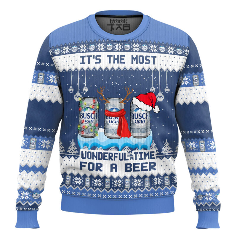 Hooktab It's The Most Wonderful Time For A Busch Light Ugly Christmas Sweater