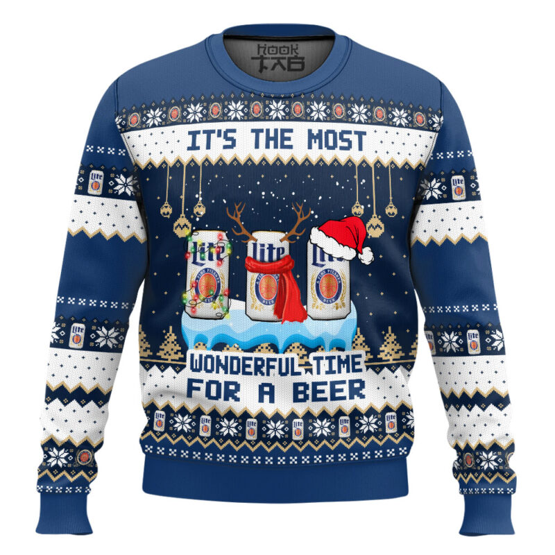 Hooktab It's The Most Wonderful Time For A Miller Lite Ugly Christmas Sweater