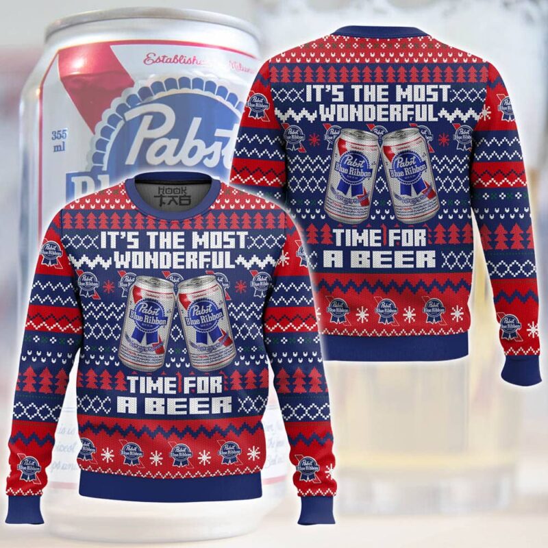 Hooktab It's The Most Wonderful Time For A Pabst Blue Ribbon Ugly Christmas Sweater Hooktab It's The Most Wonderful Time For A Pabst Blue Ribbon Ugly Christmas Sweater