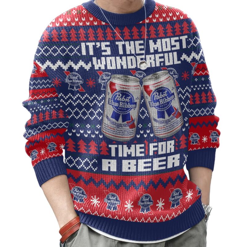 Hooktab It's The Most Wonderful Time For A Pabst Blue Ribbon Ugly Christmas Sweater Hooktab It's The Most Wonderful Time For A Pabst Blue Ribbon Ugly Christmas Sweater