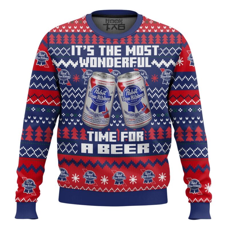 Hooktab It's The Most Wonderful Time For A Pabst Blue Ribbon Ugly Christmas Sweater