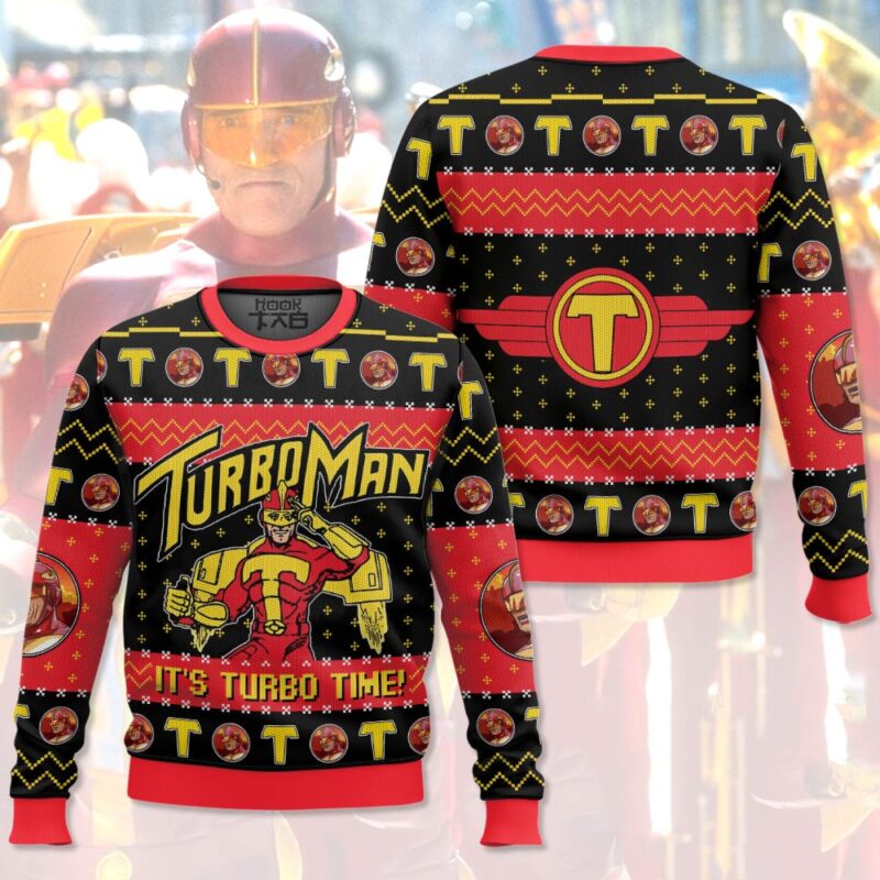 Hooktab It's Turbo Time! Turbo Man Ugly Christmas Sweater Hooktab It's Turbo Time! Turbo Man Ugly Christmas Sweater