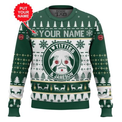 Hooktab Jameson Titties Funny - Custom Name Ugly Christmas Sweater