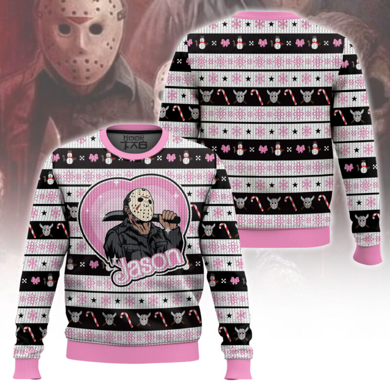 Hooktab Jason Voorhees Pink Heart Friday The 13th Ugly Christmas Sweater Hooktab Jason Voorhees Pink Heart Friday The 13th Ugly Christmas Sweater