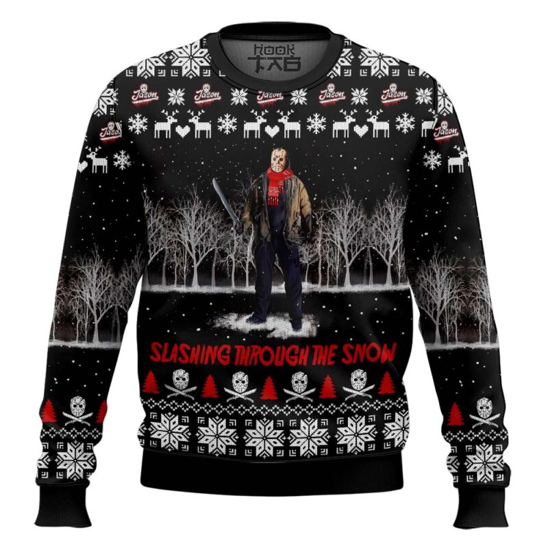 Hooktab Jason Voorhees Slashing Through The Snow Ugly Christmas Sweater