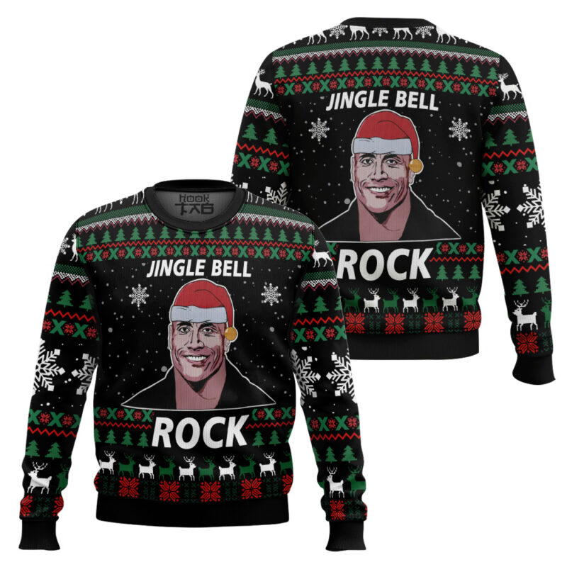 Hooktab Jingle Bell Rock Dwayne Johnson Ugly Christmas Sweater Hooktab Jingle Bell Rock Dwayne Johnson Ugly Christmas Sweater