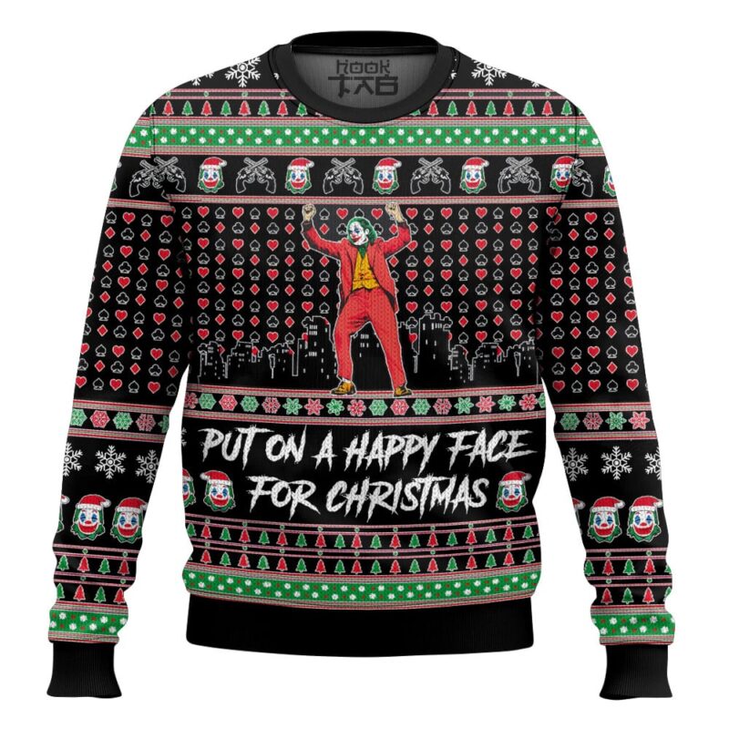 Hooktab Joker "Put On A Happy Face For Christmas" Ugly Christmas Sweater