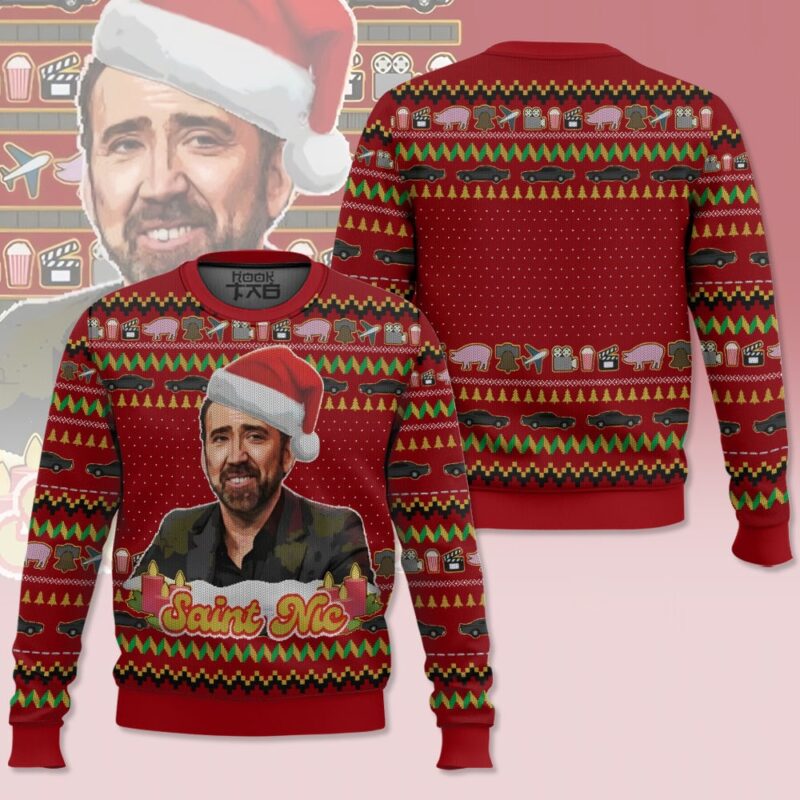 Hooktab Jolly Old Saint Nic Nicolas Cage Ugly Christmas Sweater Hooktab Jolly Old Saint Nic Nicolas Cage Ugly Christmas Sweater