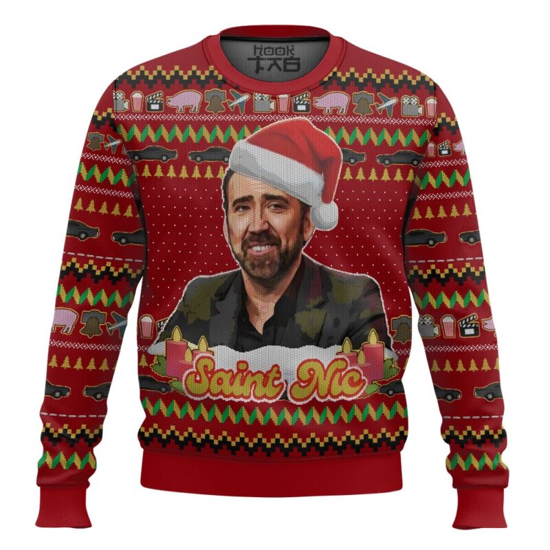 Hooktab Jolly Old Saint Nic Nicolas Cage Ugly Christmas Sweater