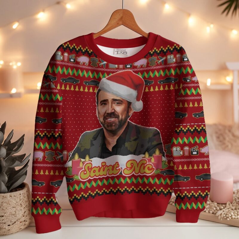 Hooktab Jolly Old Saint Nic Nicolas Cage Ugly Christmas Sweater Hooktab Jolly Old Saint Nic Nicolas Cage Ugly Christmas Sweater