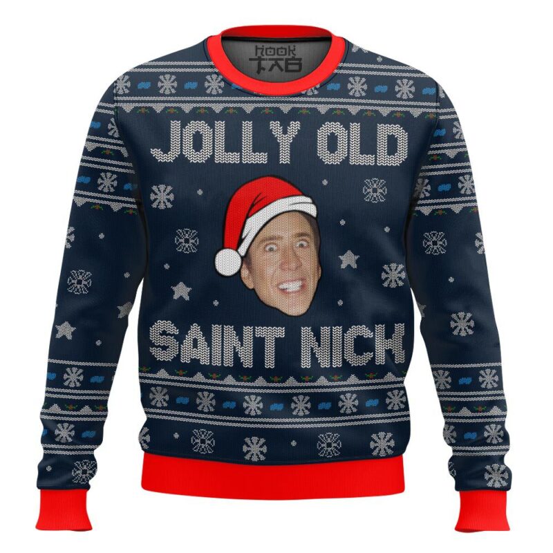 Hooktab Jolly Old Saint Nick Nicolas Cage Ugly Christmas Sweater