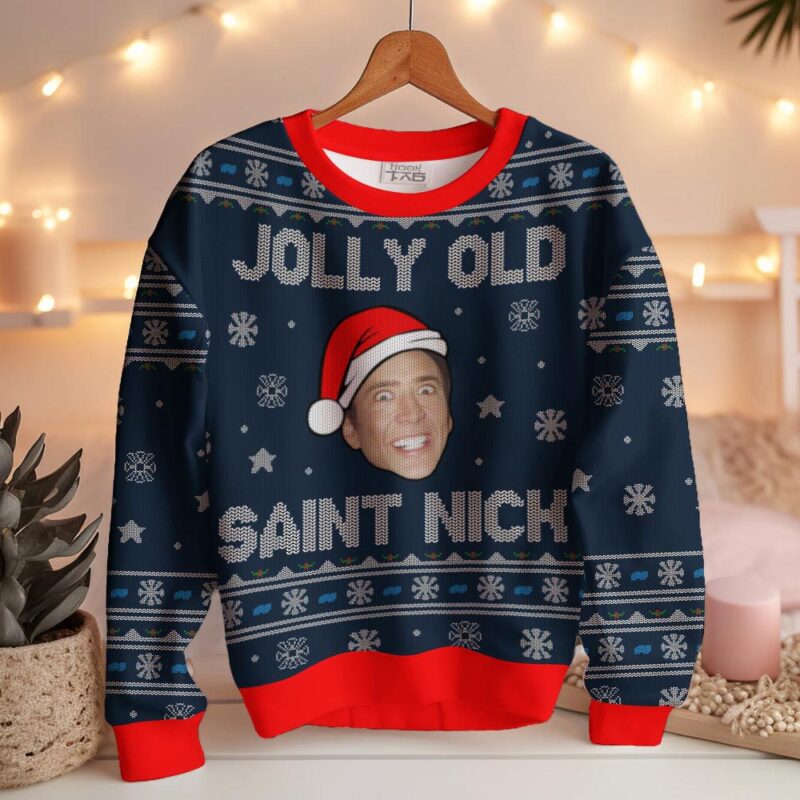 Hooktab Jolly Old Saint Nick Nicolas Cage Ugly Christmas Sweater Hooktab Jolly Old Saint Nick Nicolas Cage Ugly Christmas Sweater