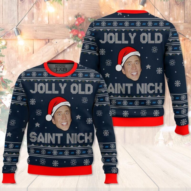 Hooktab Jolly Old Saint Nick Nicolas Cage Ugly Christmas Sweater Hooktab Jolly Old Saint Nick Nicolas Cage Ugly Christmas Sweater