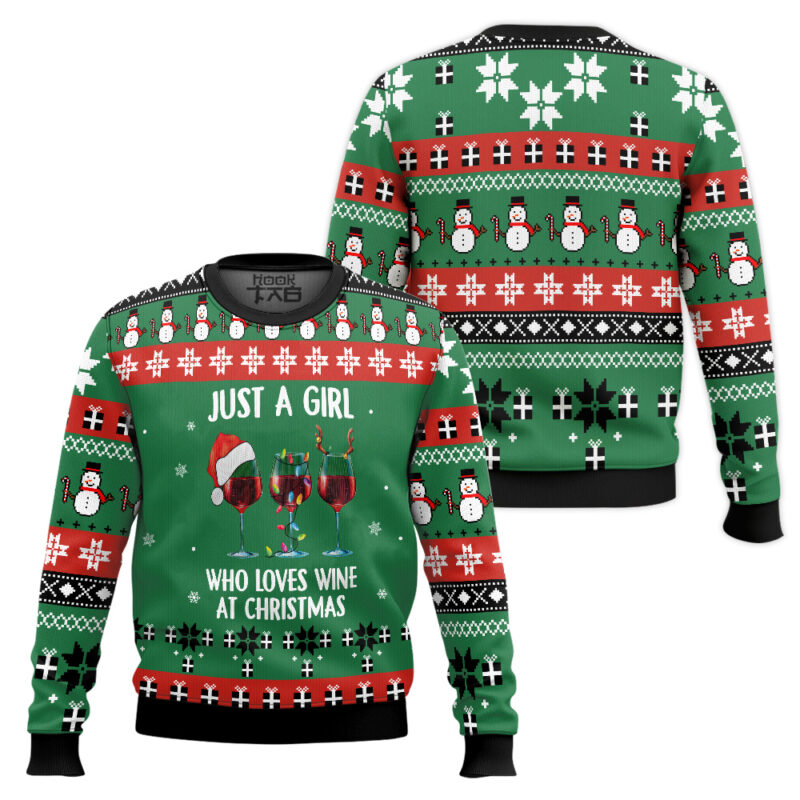 Hooktab Just A Girl Love Wine Ugly Christmas Sweater Hooktab Just A Girl Love Wine Ugly Christmas Sweater
