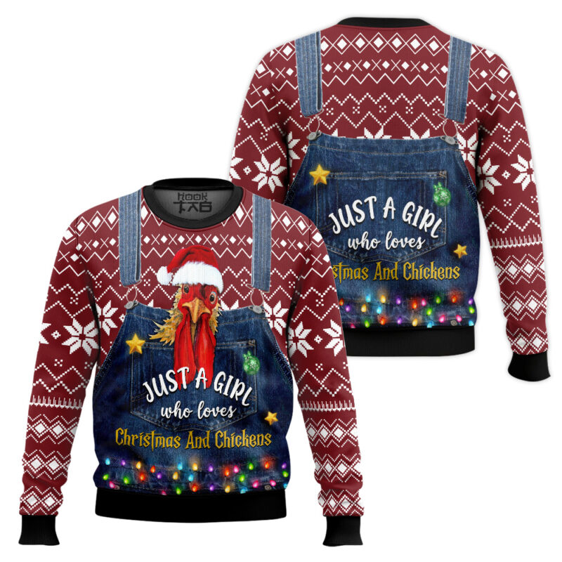 Hooktab Just A Girl Who Loves Chickens Ugly Christmas Sweater Hooktab Just A Girl Who Loves Chickens Ugly Christmas Sweater
