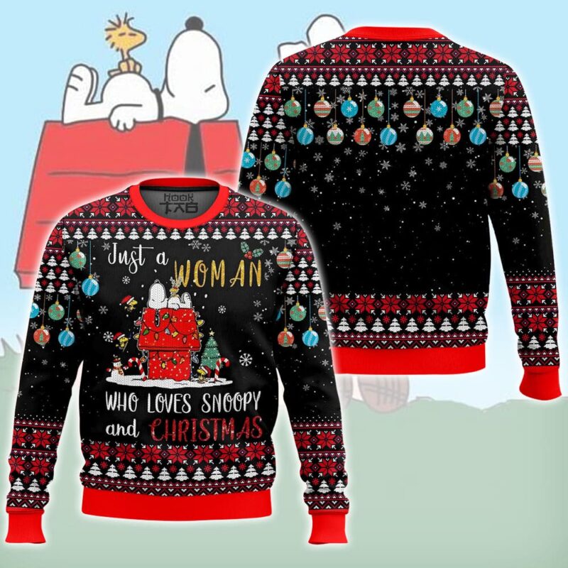 Hooktab Just A Woman Who Loves Snoopy The Charlie Brown and Snoopy Show Ugly Christmas Sweater Hooktab Just A Woman Who Loves Snoopy The Charlie Brown and Snoopy Show Ugly Christmas Sweater
