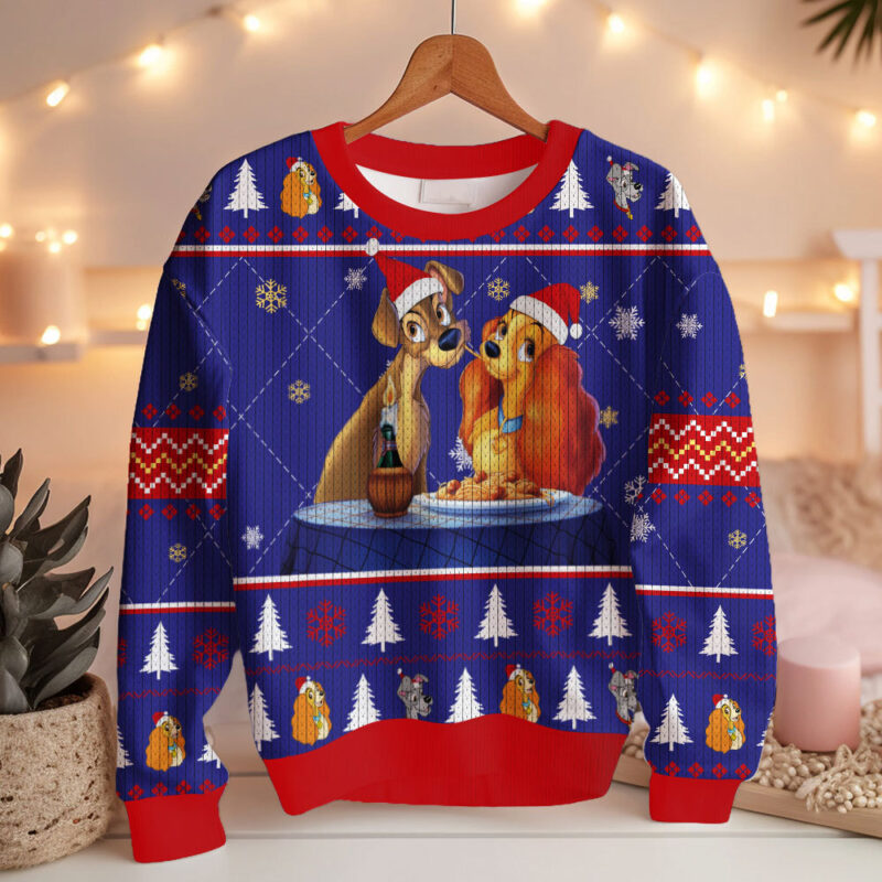 Hooktab Lady And The Tramp Spaghetti Ugly Christmas Sweater Hooktab Lady And The Tramp Spaghetti Ugly Christmas Sweater