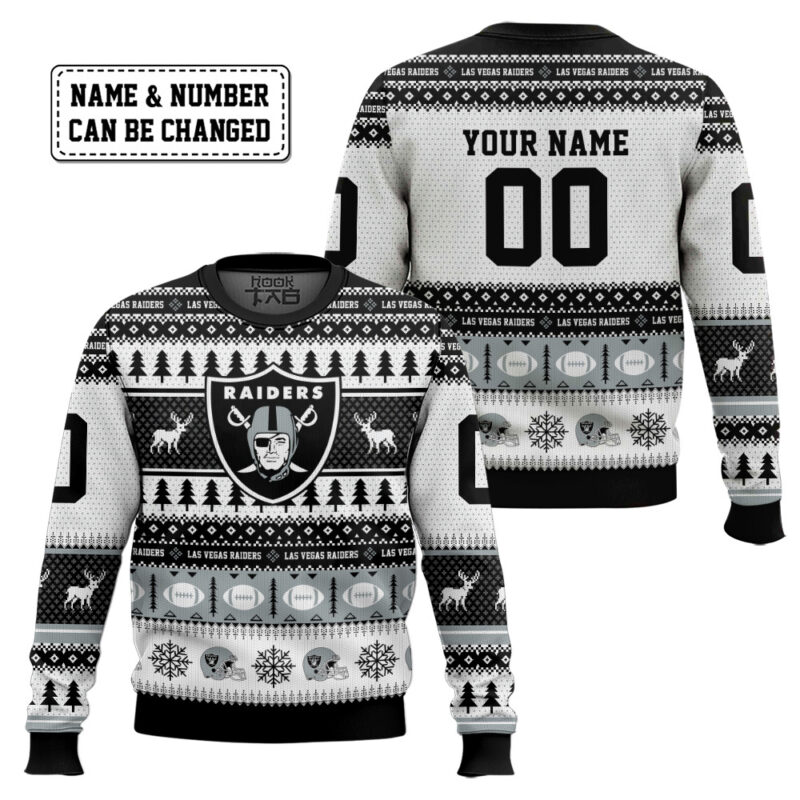 Hooktab Las Vegas Raiders - Custom Name And Number Ugly Sweater Hooktab Las Vegas Raiders - Custom Name And Number Ugly Sweater