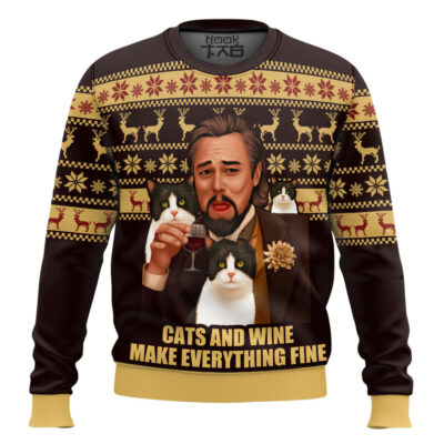 Hooktab Leonardo Dicaprio Cats And Wine Make Everything Fine Ugly Christmas Sweater
