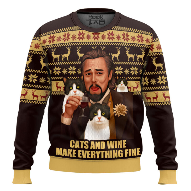 Hooktab Leonardo Dicaprio Cats And Wine Make Everything Fine Ugly Christmas Sweater