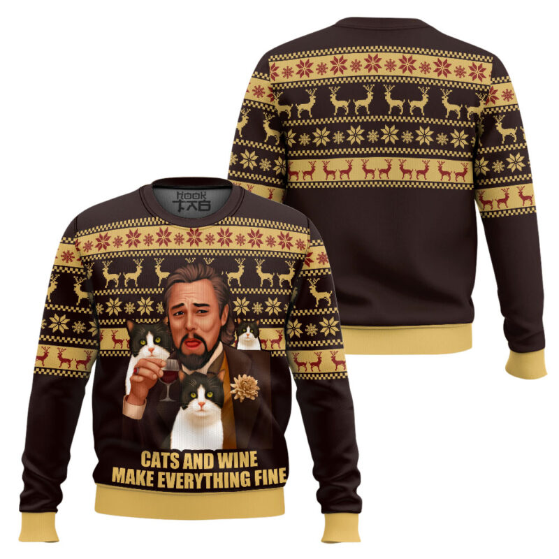 Hooktab Leonardo Dicaprio Cats And Wine Make Everything Fine Ugly Christmas Sweater Hooktab Leonardo Dicaprio Cats And Wine Make Everything Fine Ugly Christmas Sweater