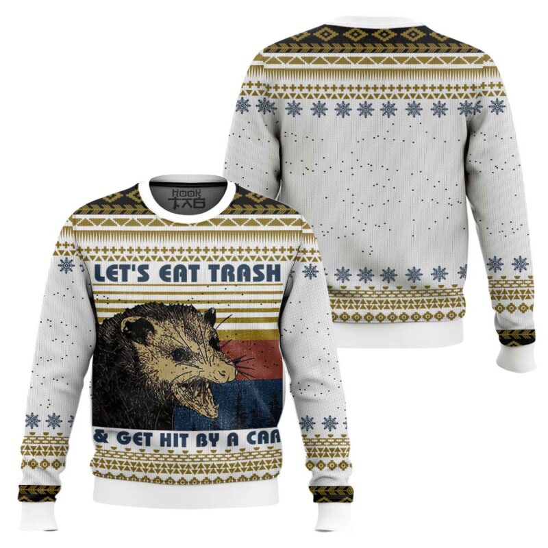 Hooktab Let’s Eat Trash & Get Hit By A Car Opossum Ugly Christmas Sweater Hooktab Let’s Eat Trash & Get Hit By A Car Opossum Ugly Christmas Sweater