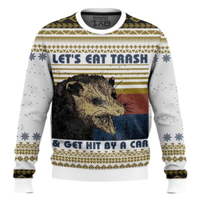 Hooktab Let’s Eat Trash & Get Hit By A Car Opossum Ugly Christmas Sweater