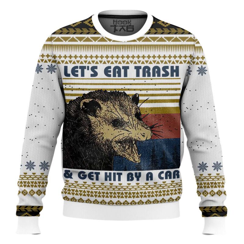 Hooktab Let’s Eat Trash & Get Hit By A Car Opossum Ugly Christmas Sweater Hooktab Let’s Eat Trash & Get Hit By A Car Opossum Ugly Christmas Sweater