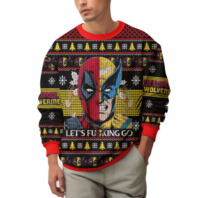 Hooktab Let's Go Deadpool & Wolverine Ugly Christmas Sweater Hooktab Let's Go Deadpool & Wolverine Ugly Christmas Sweater
