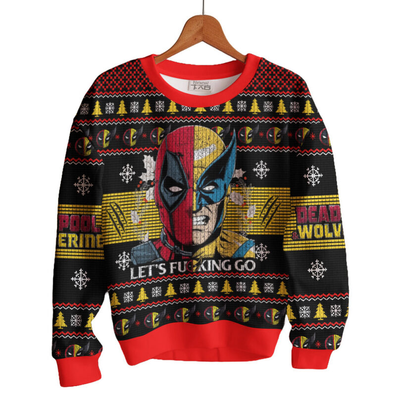 Hooktab Let's Go Deadpool & Wolverine Ugly Christmas Sweater Hooktab Let's Go Deadpool & Wolverine Ugly Christmas Sweater