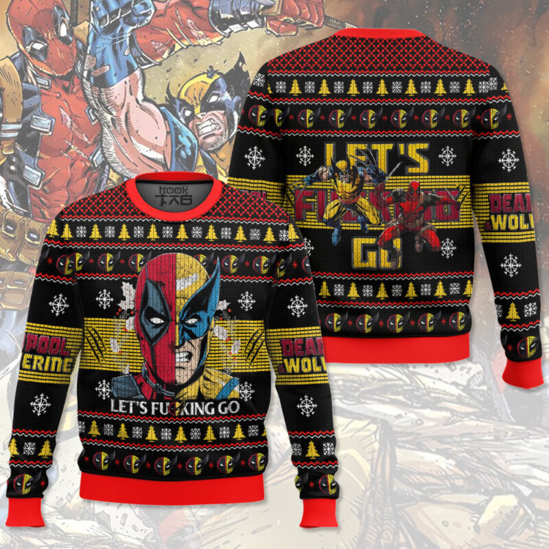 Hooktab Let's Go Deadpool & Wolverine Ugly Christmas Sweater Hooktab Let's Go Deadpool & Wolverine Ugly Christmas Sweater