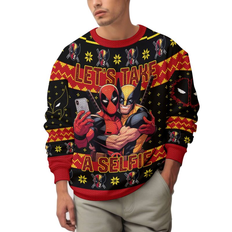Hooktab Let's Take A Selfie Deadpool & Wolverine Ugly Christmas Sweater Hooktab Let's Take A Selfie Deadpool & Wolverine Ugly Christmas Sweater
