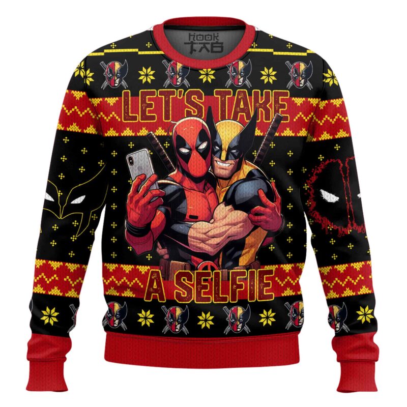 Hooktab Let's Take A Selfie Deadpool & Wolverine Ugly Christmas Sweater