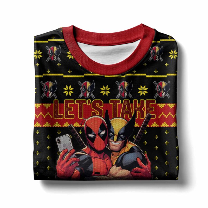 Hooktab Let's Take A Selfie Deadpool & Wolverine Ugly Christmas Sweater Hooktab Let's Take A Selfie Deadpool & Wolverine Ugly Christmas Sweater