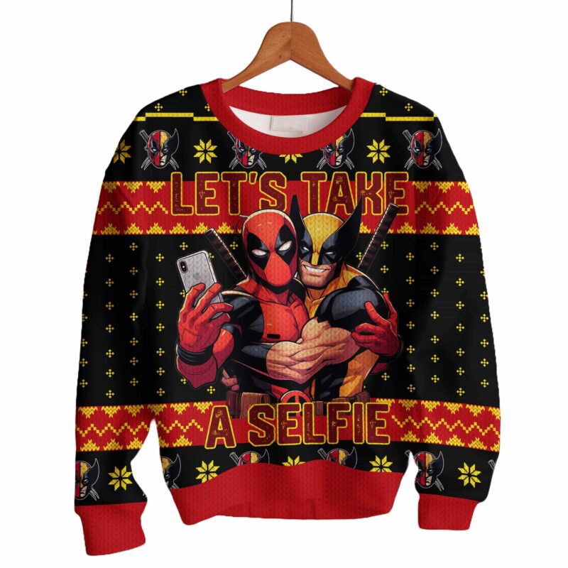 Hooktab Let's Take A Selfie Deadpool & Wolverine Ugly Christmas Sweater Hooktab Let's Take A Selfie Deadpool & Wolverine Ugly Christmas Sweater