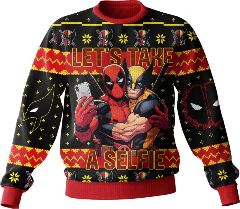 Hooktab Let's Take A Selfie Deadpool & Wolverine Ugly Christmas Sweater Hooktab Let's Take A Selfie Deadpool & Wolverine Ugly Christmas Sweater