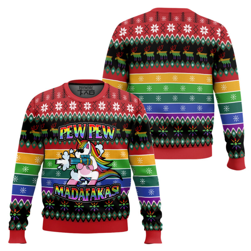 Hooktab LGBT Unicorn Pew Pew Madafakas Ugly Christmas Sweater Hooktab LGBT Unicorn Pew Pew Madafakas Ugly Christmas Sweater