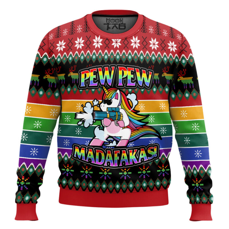 Hooktab LGBT Unicorn Pew Pew Madafakas Ugly Christmas Sweater