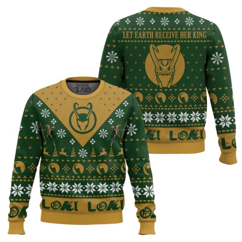 Hooktab Loki Let Earth Receive Her King Marvel Ugly Christmas Sweater Hooktab Loki Let Earth Receive Her King Marvel Ugly Christmas Sweater