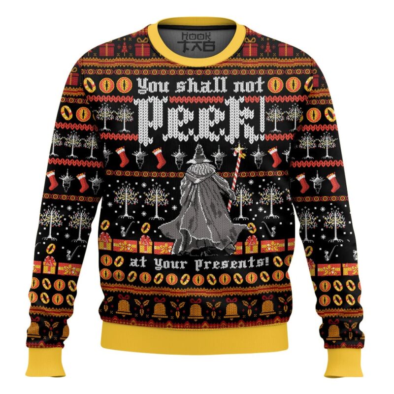 Hooktab Lord Of The Ring, You Shall Not Peek At Your Presents Ugly Christmas Sweater