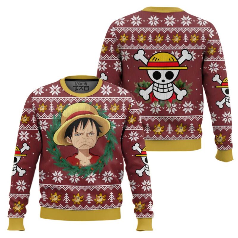 Hooktab Luffy Funny Face One Piece Ugly Christmas Sweater Hooktab Luffy Funny Face One Piece Ugly Christmas Sweater