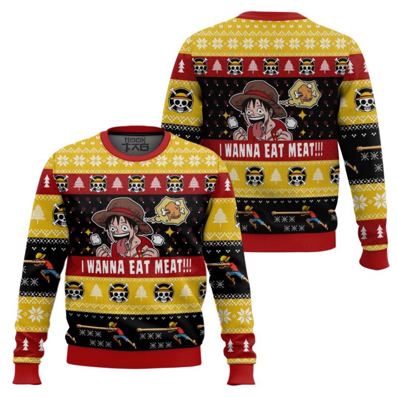 Hooktab Luffy I Want To Eat Meat One Piece Ugly Christmas Sweater Hooktab Luffy I Want To Eat Meat One Piece Ugly Christmas Sweater