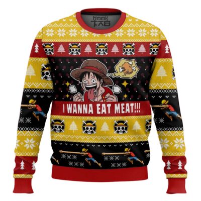 Hooktab Luffy I Want To Eat Meat One Piece Ugly Christmas Sweater