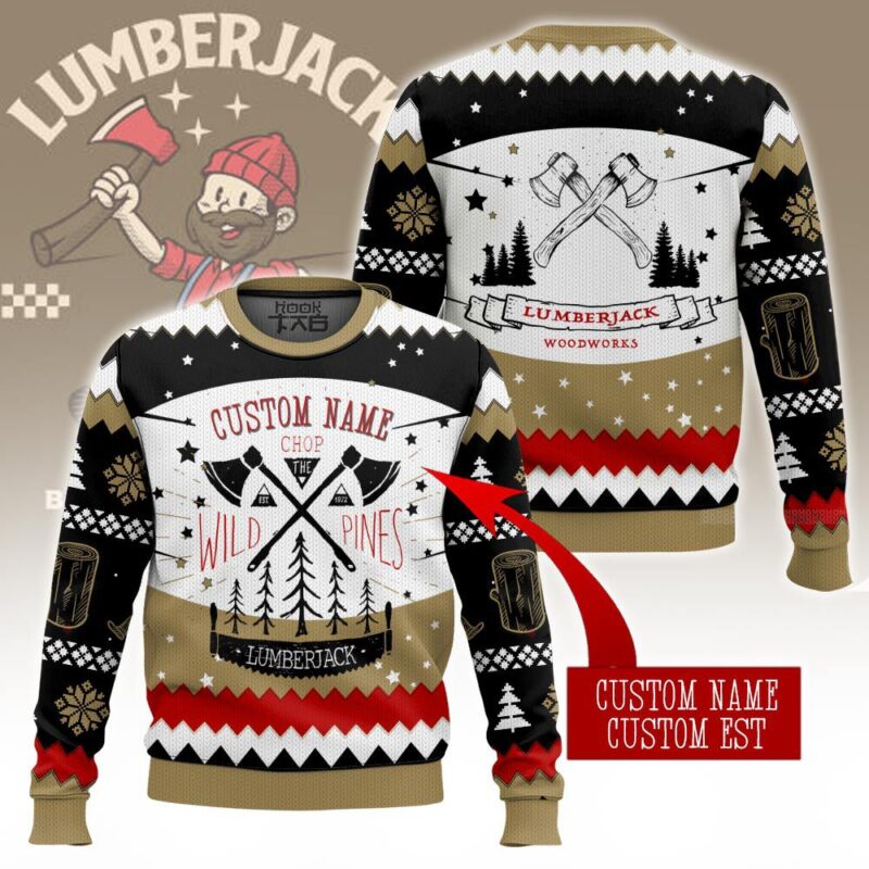 Hooktab Lumberjack Chop Wild Pines - Custom Name Ugly Christmas Sweater Hooktab Lumberjack Chop Wild Pines - Custom Name Ugly Christmas Sweater