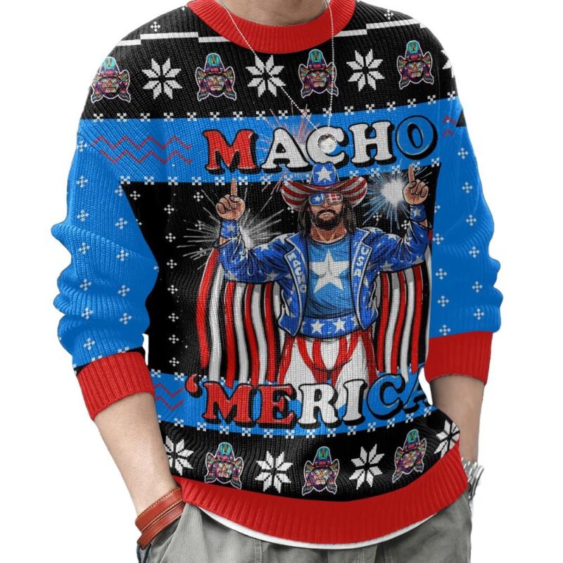Hooktab Macho Man Macho Merica WWE Ugly Christmas Sweater Hooktab Macho Man Macho Merica WWE Ugly Christmas Sweater